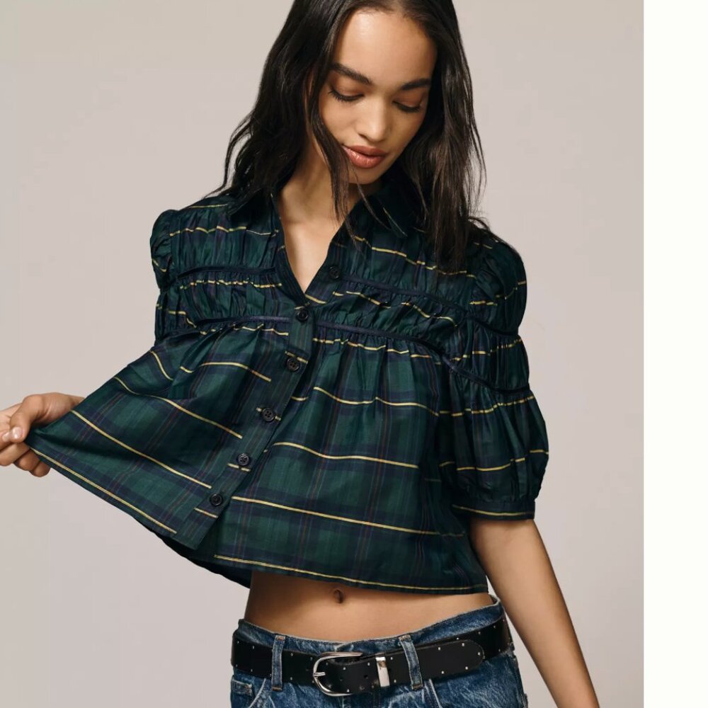 BNWT The Leandra Taffeta Shirred Yoke Blouse by Maeve Size L